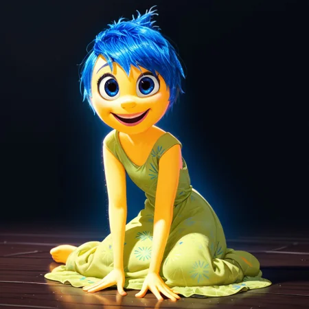 score_9, score_8_up, score_7_up, score_6_up, score_5_up, score_4_up, rating_questionable, JoyEmotion, glowing, 1girl, sitting on the floor, looking at viewer, blue hair, yellow skin, black background, loose dress, open mouth smile