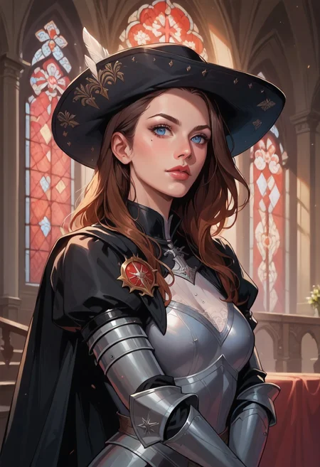 score_9, score_8_up, score_7_up, 8k, portrait, upper body, concept art twilight, vintage illustration,
1girl, solo, female, clothes, brown hair:1.3, ombre hair, long hair, dark-blue eyes, mole under eye, beautiful,
dynamic pose, medieval, heavy armor, leather armor, plate armor, black cape, feathered hat, large feather, large hat:1.4, wide-brimmed hat, inquisitor, inquisitor hat, red hat, in a cathedral, gothic stained glass windows, beautifully backlit, depth of field:1.5, indirect lighting:1.3, high contrast shadows, dramatic shadows across face:1.2, cinematic lighting on face, cowboy hat,