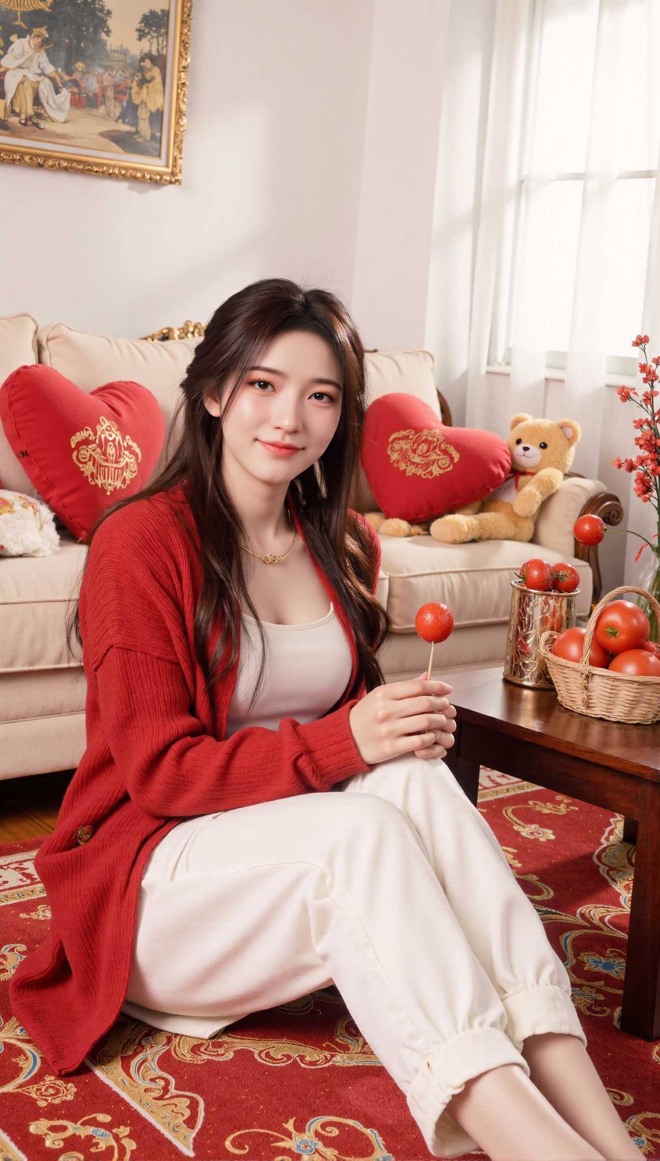 Photos of the Chinese New Year,Xnangongwan,Xyaoxi,Xxiaolan,Xningyudie,XliwuwanH,Photos of the Chinese New Year,The image shows a young woman sitting on a red and white checkered floor in a living room. She is wearing a red cardigan over a white top and white pants. She has long dark hair and is smiling as she holds a red lollipop in her hand. On the right side of the image,there is a wooden coffee table with a vase of red flowers and a basket of tomatoes. Behind the woman,there are two red heart-shaped pillows and a yellow stuffed animal. The room has a large window with white curtains and a painting hanging on the wall.,(huge breasts:2.99),(full breasts:2.99),Chinese traditional Spring Festival theme background,lanterns,New Year couplets,window decorations,Fireworks Show,