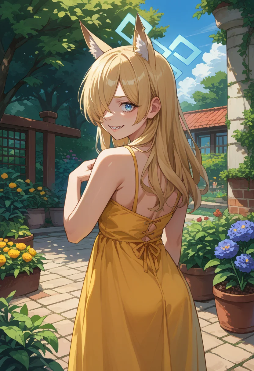 score_9, score_8_up, source_anime, 1girl, solo, KannaBA, animal ears, sharp teeth, long hair, hair over one eye, blue halo, from behind, yellow sundress, garden, day, sunshine, smile, looking back, <lora:ChamKannaBAPonyXL:1>