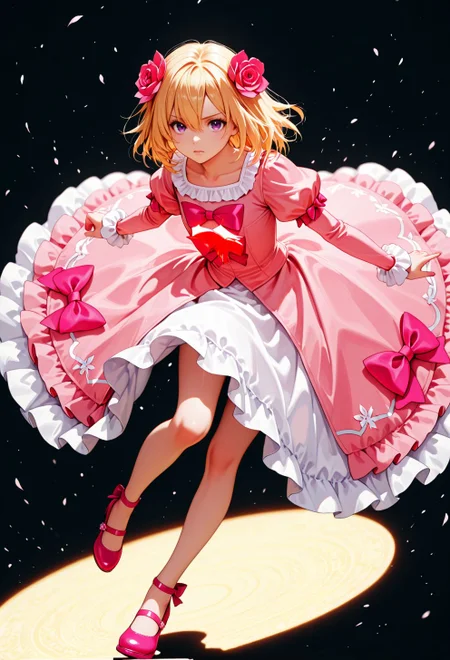 <lora:Jill Savelle:0.9>, CDE_JE,purple eyes,medium hair,blonde hair,hair between eyes, hair flower,pink flower,pink bow,pink dress,puffy sleeves,pink footwear,mary jane shoes,
general, dutch angle, from front,, dynamic pose,
masterpiece, best quality, absurdres, highres, very aesthetic, high quality, detailed, insanely detailed, beautiful,
(photo background:0.3), depth of field,
<lora:noobai_vpred_1_masterpieces_v1:1>, very awa,
<lora:noob1.1-lineart_adjust1-mki:-0.5>,
<lora:IllustriousTweakerLora_v4-detail_1457119:0.8>, <lora:LECO_StickClotch:1.5>, <lora:LECO_Particles:1>,