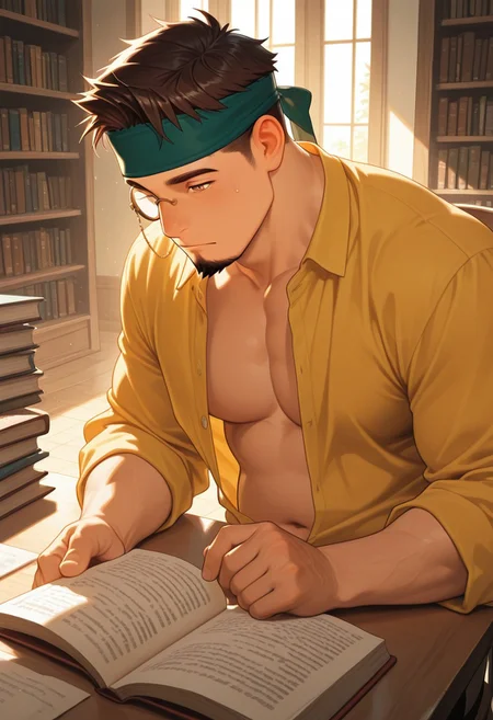 1boy, mbti_isfp, mature man, muscle body, (chubby:0.8), short hair, brown eyes, goatee, headband, monocle, reading book, library, desk, sunlight, focused, calm, intellectual, aesthetic, warm tones, charming, highres, masterpiece, best quality, dust motes, undone shirt, suggestive pose, close-up, intimate
