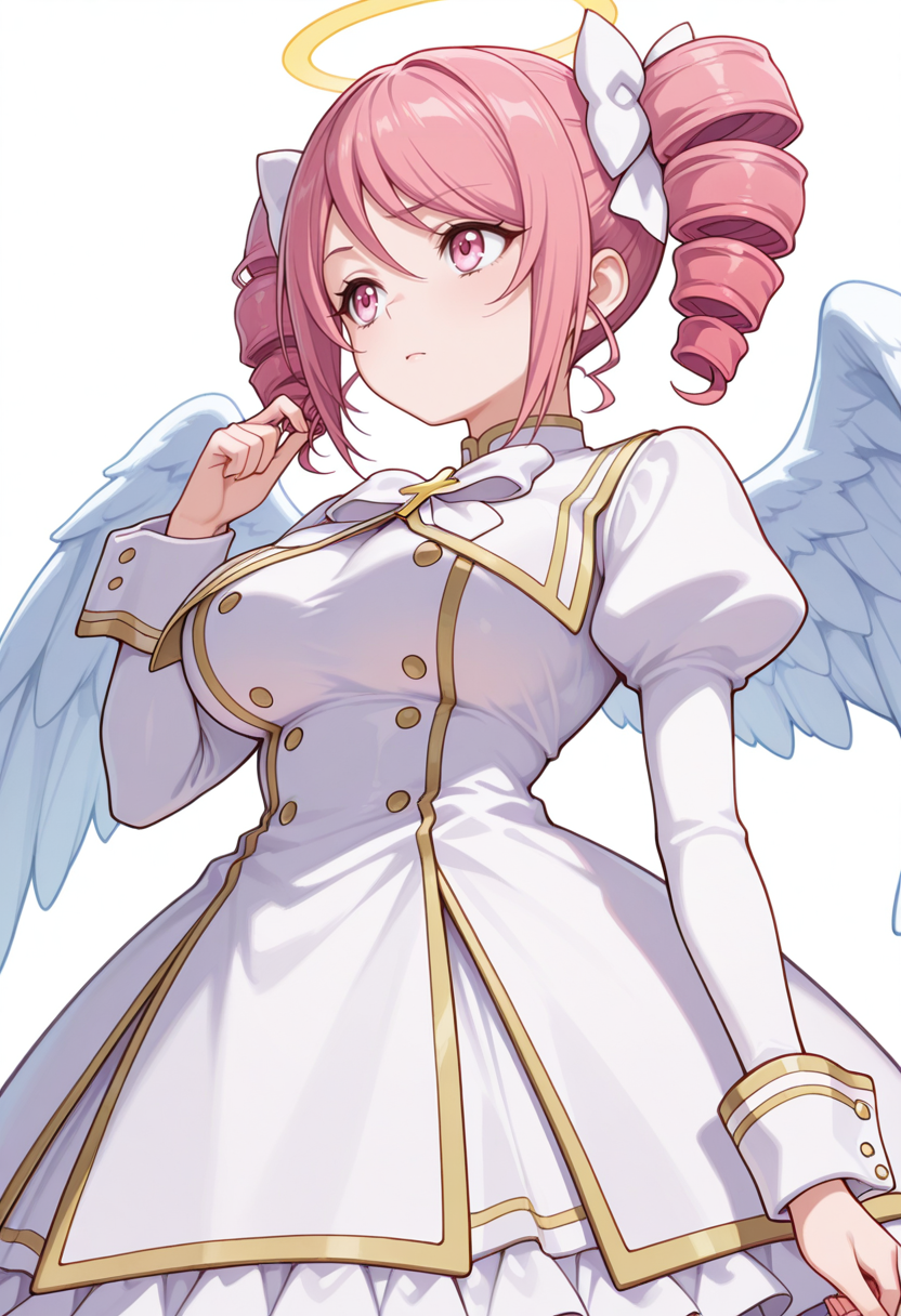 Smooth Quality,masterpiece,very intricate, high quality details, ultra realistic, high detailed skin,detailed enviorement,absurdres,
twirling hair,
 <lora:Pino_CNR:0.8> pino_cnr, 1girl, pink hair, short hair, twintails, drill hair, pink eyes, large breasts,pino_cnr_def, white dress,white bow, hair bow, hair ribbon, cross,long sleeves, juliet sleeves, halo, angel wings,, traumatized,, simple background, white background, from below,solo,