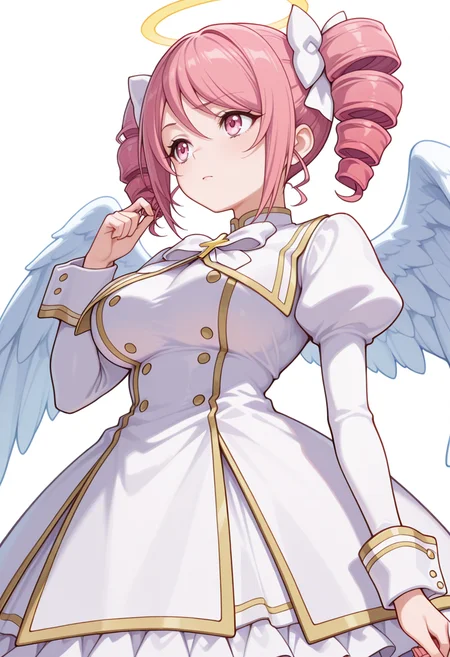 Smooth Quality,masterpiece,very intricate, high quality details, ultra realistic, high detailed skin,detailed enviorement,absurdres,
twirling hair,
<lora:Pino_CNR:0.8> pino_cnr, 1girl, pink hair, short hair, twintails, drill hair, pink eyes, large breasts,pino_cnr_def, white dress,white bow, hair bow, hair ribbon, cross,long sleeves, juliet sleeves, halo, angel wings,, traumatized,, simple background, white background, from below,solo,