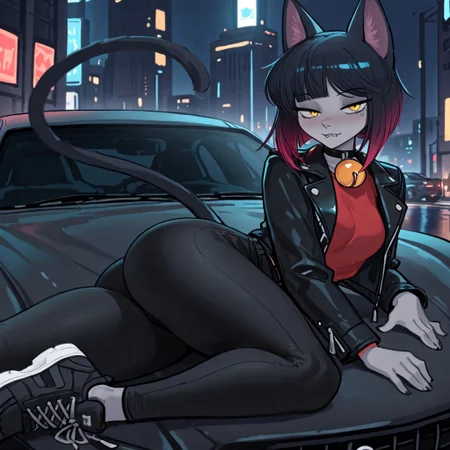 masterpiece, best quality, newest, absurdres, highres, furry, perfect anatomy, 4gn3s,1girl,solo,cat girl,cat ears,multicolored hair,bangs,bob cut,yellow eyes,neck bell,grey skin,cat tail, black jacket, leather jacket, red shirt, black pants, black sneakers, laying, lying on car, sports car, night, city, streets, posing, looking at viewer, half-closed eyes, biting lip,