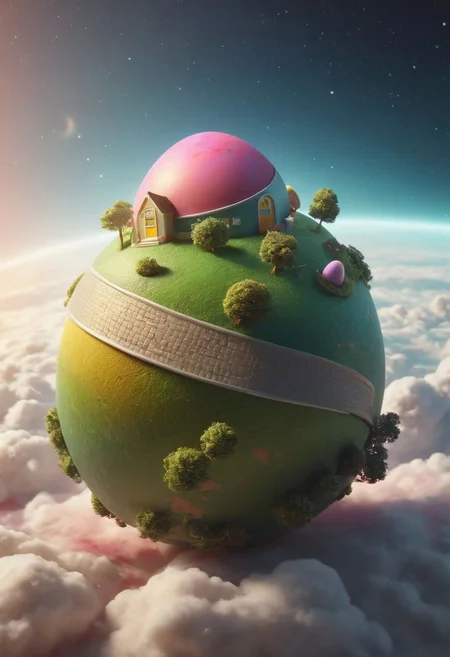 a floating colorful easter egg Planet in space, clear Open space, little trees and Houses from bunnies are visible on the Planets surface, Happy and colorful,
,very detailed, raw photo, photorealistic, high detailed texture, 8k uhd, dslr, soft lighting, high quality, film grain, Fujifilm XT3, highly detailed photography, atmospheric haze, Film grain, cinematic film still, shallow depth of field, highly detailed, high budget, cinemascope, moody, epic, OverallDetail, gorgeous, 2000s vintage RAW photo, photorealistic, candid camera, color graded cinematic, eye catchlights, atmospheric lighting, skin pores, imperfections, natural, shallow dof