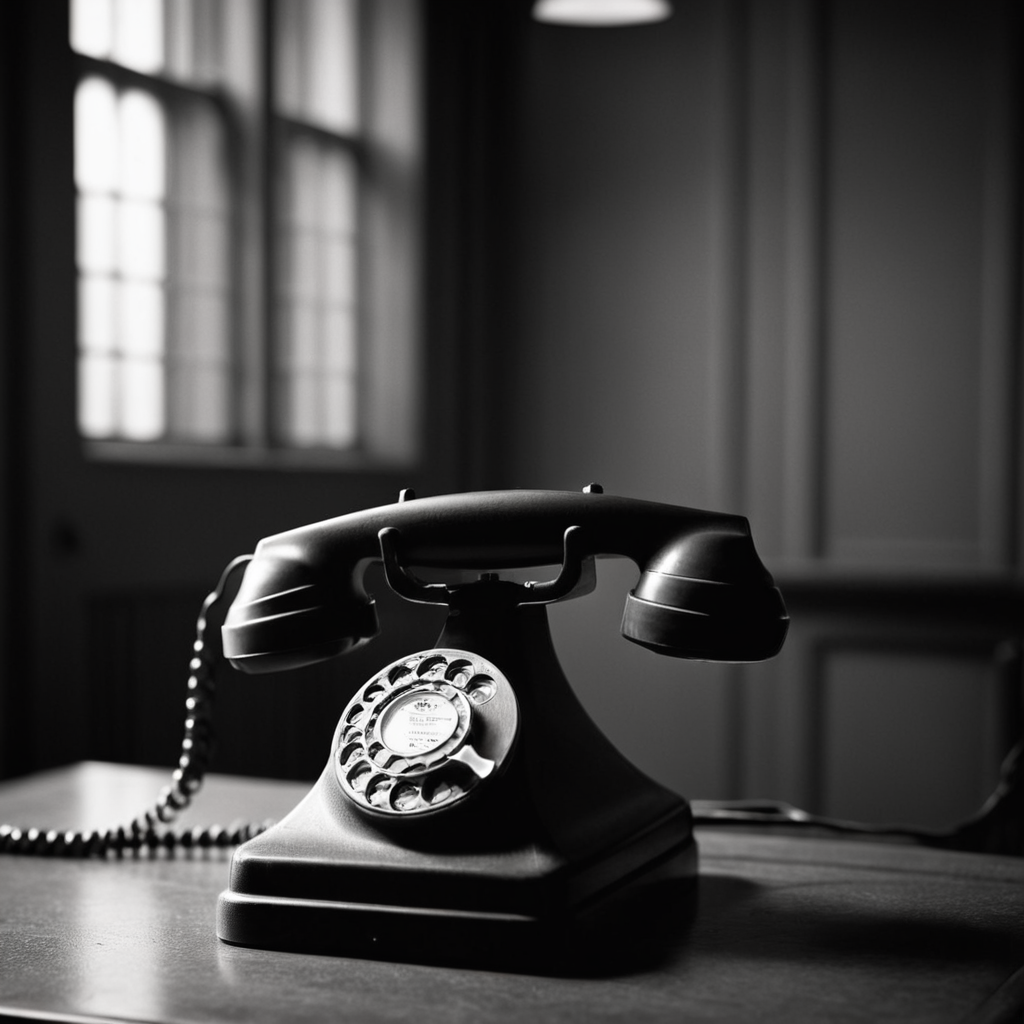 cinematic film still of  <lora:1930's style:1>
In the 1930's a black and white photo of a telephone,monochrome,greyscale,indoors,blurry,no humans,blurry background,robot,science fiction,realistic,cable,realistic,realism,perfection,perfect,filmic,retro,vintage,classic,different haircut,different look,different style,1930's style , 1930 style, shallow depth of field, vignette, highly detailed, high budget, bokeh, cinemascope, moody, epic, gorgeous, film grain, grainy