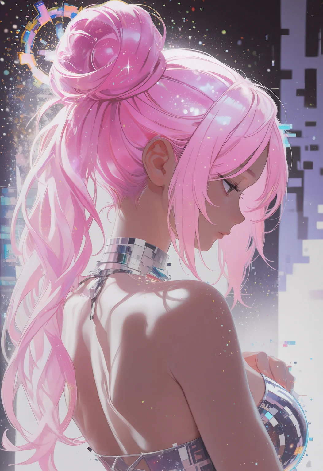 embedding:lazypos, digital painting (artwork), glitch art, artwork, glitter, particle effect, 1girl, pink hair, high ponytail, mature female, upper body, from behind, looking at viewer, backless outfit,