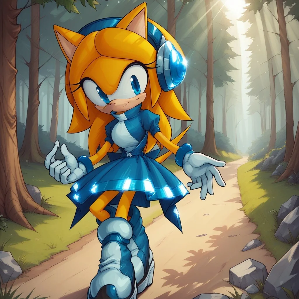 score_9, score_8, BREAK, solo, Maria_Robotnik_The_Hedgehog, hedgehog_girl, blonde_hair, blue_hairband, blue_eyes, blue_dress, white_gloves, blue_footwear, self portrait, smile, looking at viewer, outdoors, sunlight, shadows, evening lighting, natural lighting, forest, trees, grass, orange sky, sunset