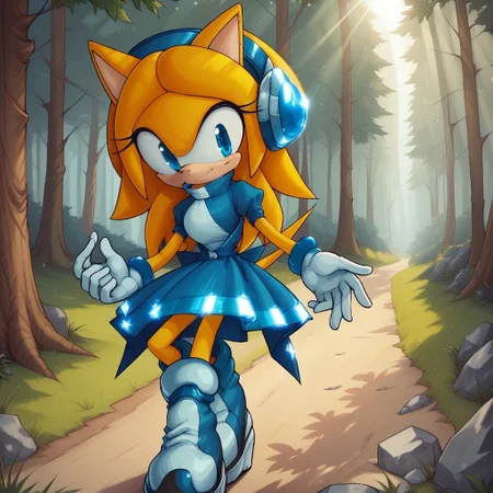 score_9, score_8, BREAK, solo, Maria_Robotnik_The_Hedgehog, hedgehog_girl, blonde_hair, blue_hairband, blue_eyes, blue_dress, white_gloves, blue_footwear, self portrait, smile, looking at viewer, outdoors, sunlight, shadows, evening lighting, natural lighting, forest, trees, grass, orange sky, sunset