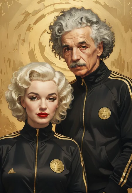 closeup portrait of 2 people, Marylin Monroe wearing a black and gold Adidas style tracksuit, Albert Einstein wearing a black and gold Adidas style tracksuit highly detailed, evocative, high contrast, (gold background:1.2)