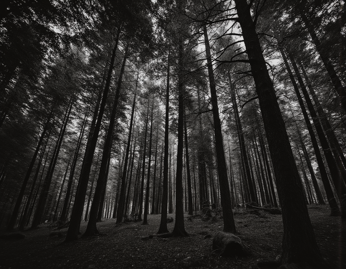 <lora:BWMonochrome:0.85> mono, 8k black and white photograph of a dense forest, photorealistic, towering trees with intricate bark textures, dappled light filtering through the canopy, creating high contrast shadows, misty atmosphere, focus on the interplay of light and shadow, detailed foliage . 35mm photograph, film, bokeh, professional, 4k, highly detailed