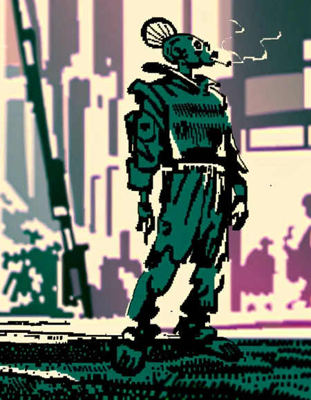 score_9, score_8_up, score_7_up, Mignstl, (Alsel:1.2), full body shot, standing, smoking cigarette, city streets, front view, volumetric light, crowded by robots, perfect eyes, perfect hands, detailed fingers
