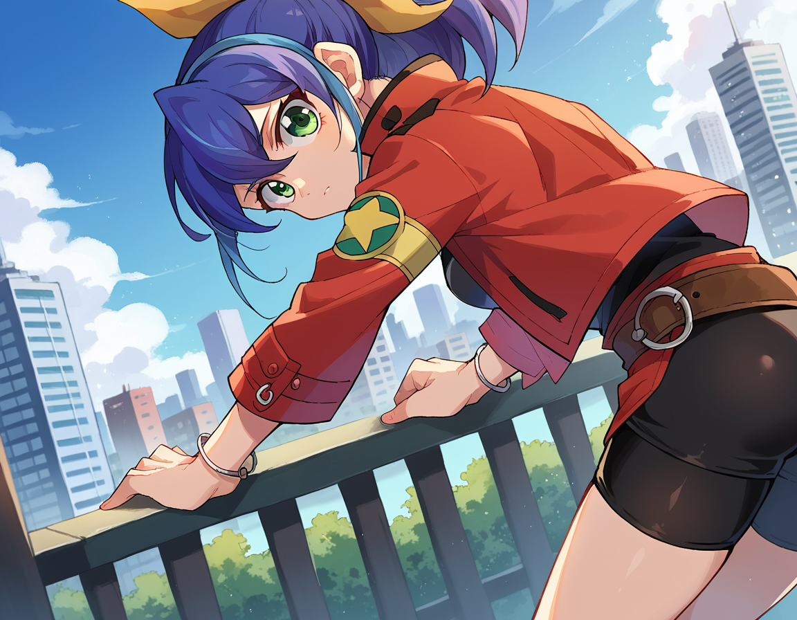 score_9, score_8_up, score_7_up, source_anime,
yugiohserena, <lora:yugioh-serena-ponyxl-lora-nochekaiser:1>,
yugioh serena, blue hair, multicolored hair, ponytail, two-tone hair, green eyes, hair bow, ribbon,
belt, bike shorts, bow, bracelet, jacket, jewelry,
outdoors, cityscape, bent over,
looking at viewer, cowboy shot, dutch angle,