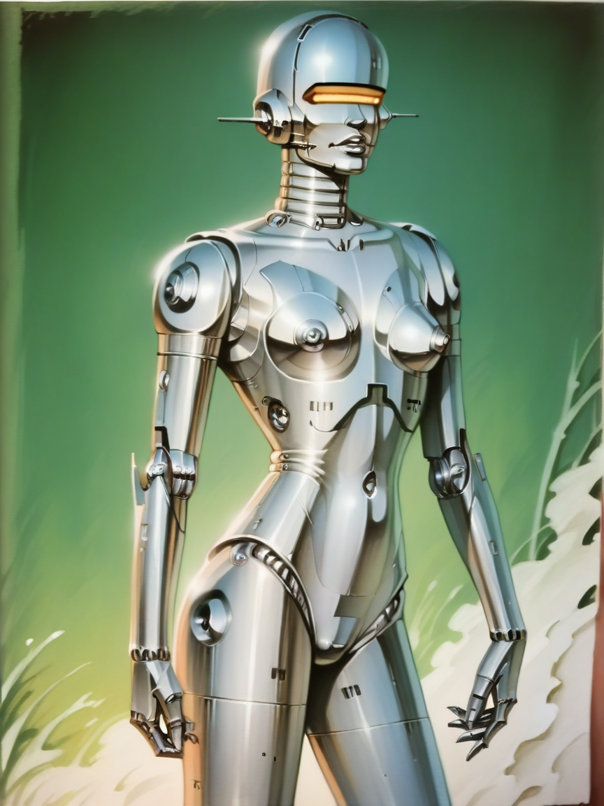 score_9, score_8_up, score_7_up, score_6_up, score_5_up, <lora:cybercoreXLP:1> cybercore, 1girl, science fiction, bodysuit, robot, traditional media, retro artstyle,