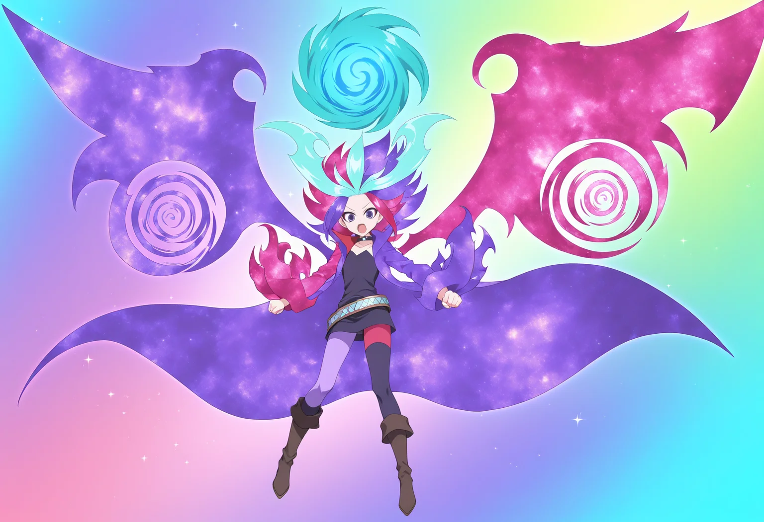 <lora:GaitoKurouzu_V1-1:1>,gaito kurouzu,dragonforce\(style of retaliation\),1boy,multicolored hair,open mouth,boots,pink hair,purple hair,solo,red hair,belt,rainbow background,cape,asymmetrical legwear,colorful,clenched hand,coat,full body,dyed bangs,aqua hair,pink wings,asymmetrical wings,purple wings,mismatched legwear,mismatched sleeves,purple coat,brown footwear,pants,black shirt,sparkle,vortex above the head,masterpiece,high score,great score,absurdres,