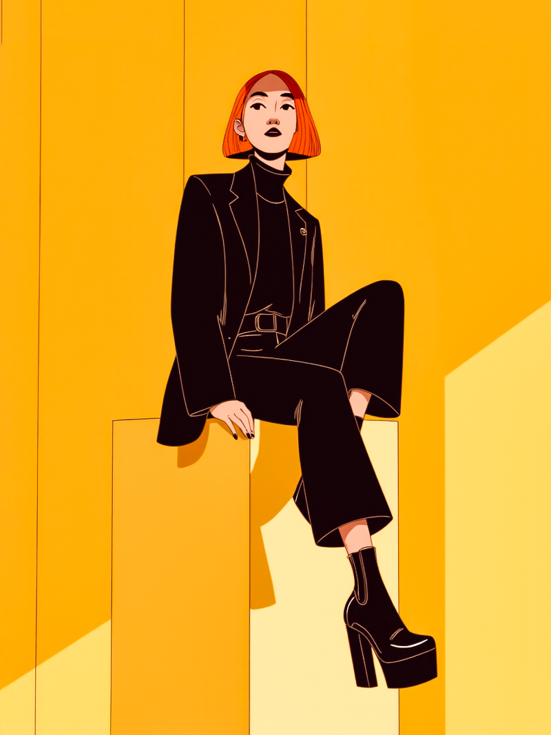 w1z_p0pc0r3 style illustration. A Danish woman, exuding an enigmatic confidence, perched on a wall in the lower-middle to upper-right of the frame. Her short, ginger hair is styled in a bob, complemented by bold, dark makeup that accentuates their sharp features. Dressed in a tailored black blazer-style jacket that hugs her form, they wear a sleek turtleneck beneath, both pieces contributing to a silhouette that is at once elegant and edgy. The flared black trousers, ending at the ankles, reveal high platform, black patent leather shoes that seem almost sculptural in their design, grounding the ensemble with a retro-futuristic touch. The model's relaxed posture belies an underlying command as their legs dangle effortlessly over the wall's edge, creating a sense of defiance and nonchalance. The indoor setting is a monochromatic wonderland of pale yellow-tan, with the same hue adorning both the wall and floor, creating a seamless, almost ethereal backdrop. A soft, sepia-toned filtered light bathes the scene, casting intriguing shadows that dance across the subject's form and the surrounding space. The light source, unseen, lends a touch of mystery to the otherwise stark composition. The room itself is minimally adorned, allowing the fashion-forward outfit to take center stage. The perspective, shot from below, invites the viewer to look up at the subject, enhancing their sense of power and elevating the stakes of their presence. This stylized portrait captures the essence of modern fashion, with a dramatic yet restrained mood that would be at home in the pages of a high-end magazine editorial.
