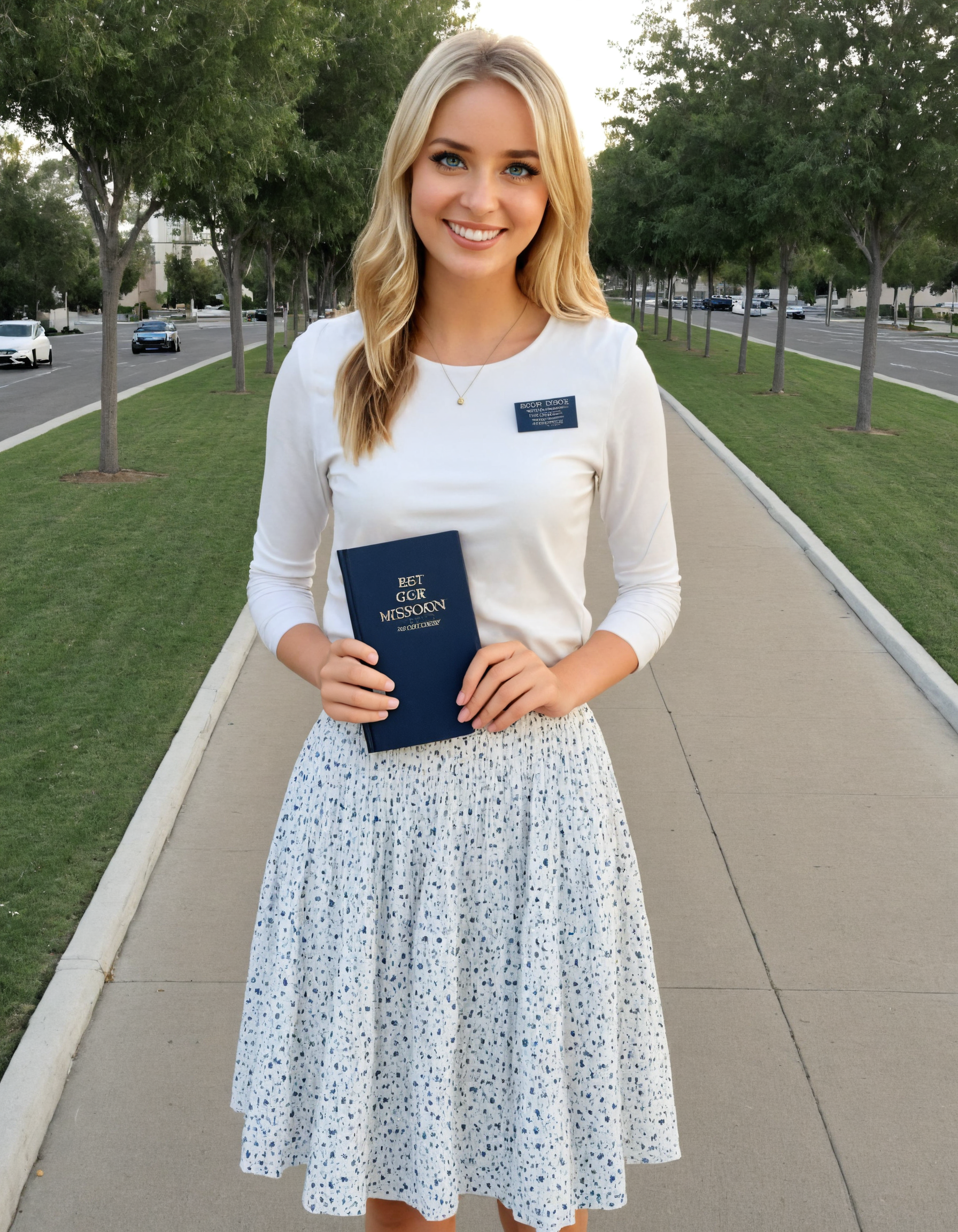 score_9, score_8_up, score_7_up, score_6_up, score_5_up, score_4_up, realistic lighting, best quality,
perfect face, perfect eyes, detailed body, anatomically correct anatomy
.[Main:0    ] Mormon girl, sister missionary, solo
.[Photo:0  ] upper body
.[Action:0 ] holding book
.[Details:0]
.[Body:0   ]
.[Cloth:0   ] black tag, white top, skirt 
.[Hair:0     ] blonde, blu eyes
.[Face:0    ] 
.[Expres:0 ] smile
.[Seting:0  ] sidewalk, grass, trees
<lora:Hand v2:1> <lora:PerfectEyesXL:1> <lora:foot feet v1:1> <lora:Mormon_Sister_Missionary:1>