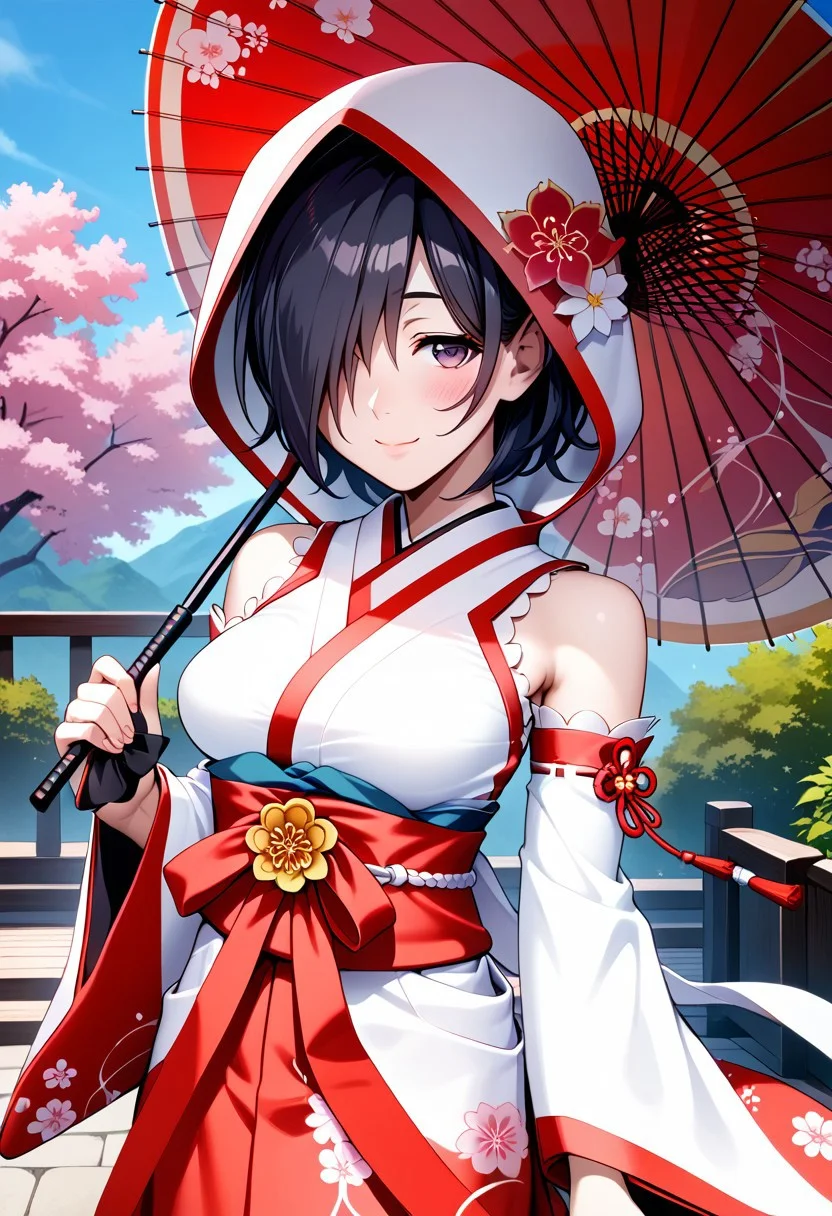 score_9,score_8_up,score_7_up,source_anime, Shishimura Koro,1girl,solo,breasts,looking at viewer,blush,smile,dress,holding,bare shoulders,medium breasts,detached sleeves,japanese clothes,hood,wide sleeves,kimono,umbrella,holding umbrella,oil-paper umbrella,wataboushi,