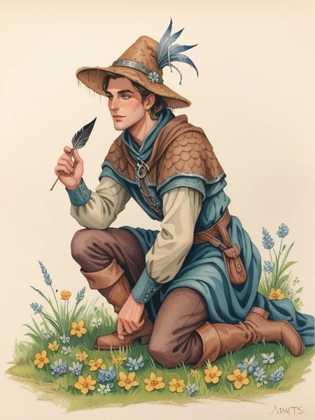 score_9, score_8_up, score_7_up, oblivionarts, solo, 1boy, male focus, boots, flower, foraging, kneeling, simple background, feather hat, traditional art, medieval, <lora:Oblivion:.6>