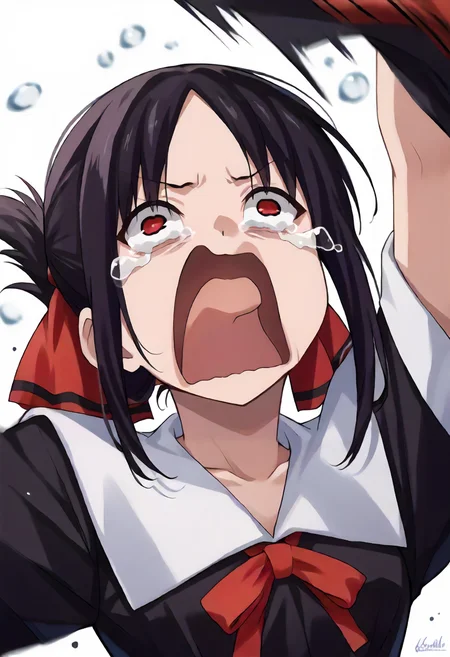 score_9, score_6_up, source_anime, 1girl, solo, upper body, aquascreaming, screaming, open mouth, crying with eyes open, shinomiya kaguya, red eyes, black hair, hair ribbon, black dress, white sailor collar, neck ribbon, red ribbon <lora:love_is_war_sdxl_pony:0.8> <lora:concept_aquascreaming_ponyXL:1>