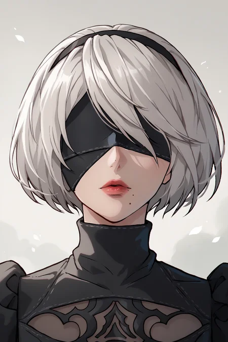 <lora:2typeBpony20:1>,
score_9,score_8_up,score_7_up,score_6_up,score_5_up,score_4_up,
2typeB,nier automata,nier \(series\),nier,yorha no. 2 type b,1girl,solo,blindfold,short hair,black blindfold,white hair,mole,dress,mole under mouth,facing viewer,black dress,turtleneck,covered eyes,red lips,portrait,nose,hairband,black hairband,lips,bangs,upper body,pink lips,artist name,parted lips,clothing cutout,puffy sleeves,closed mouth,lipstick,1 mole,