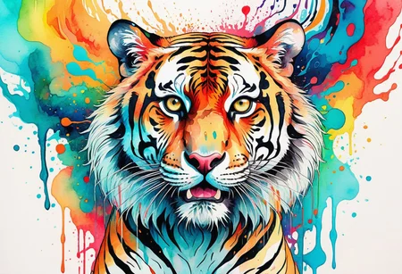 wallpaper, higly detailed, trippy, majestic tiger, colorful, psychedelic, high contrast, wavy fur, liqufy, prismatic, watercolor brush marks, style of Conrad Roset