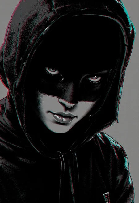 nistyle, monochrome Manga Sketch, extreme pointed hood Closeup, a dark ethereal sss ghosts black hood, translucent Killing Gaze smile, eerie, eyes Shrouded in darkness, hyperdetailed manga sketch style, with bleached vibrant colorful neon color Highlights, grey, and white color grading. Translucent Neon colored RGB spectral Gradient Backdrop with Glitch effects in another contrast application