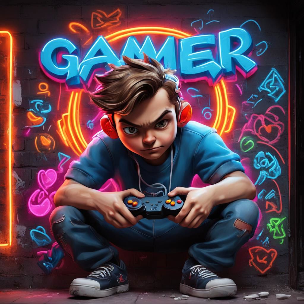 gamer boy , graffiti neon images of a neon lit sign with the text 'Gamer'
