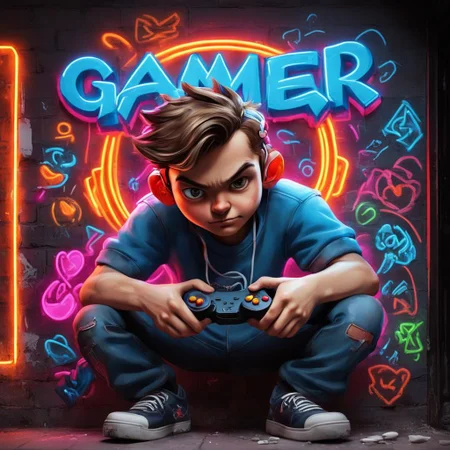 gamer boy , graffiti neon images of a neon lit sign with the text 'Gamer'