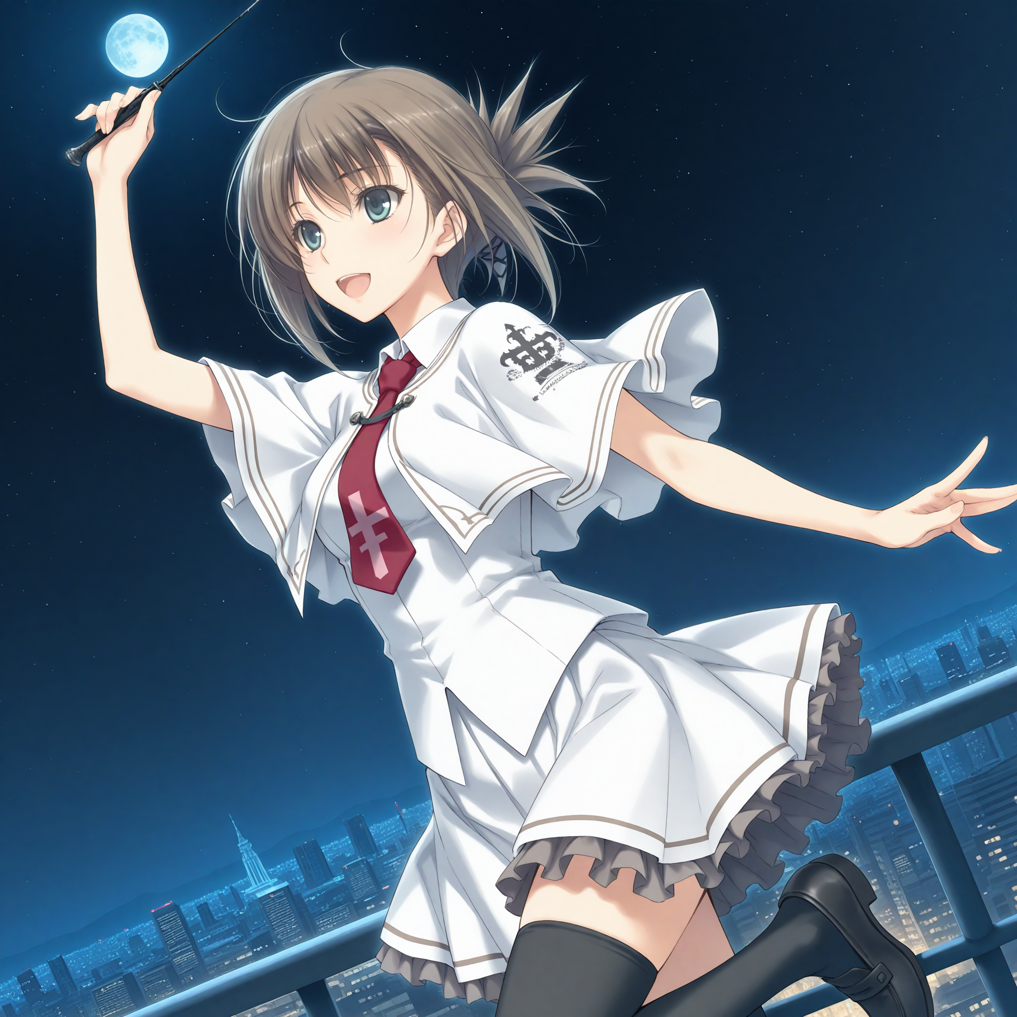 <lora:Aoki_Fumio_flowers_art_n16c16_nai_loha:1.4>,Aoki Fumio flowers art,
<lora:Tachibana_Kimika_1_nai:0.7>,Tachibana Kimika,school uniform,cross print,black thighhighs,zettai ryouiki,red necktie,white capelet,frills,white skirt,cross,frilled skirt,1girl,solo,holding,conductor baton,smile,simple background,night,starry sky,moon,open mouth,arm up,standing on one leg,railing,standing_on_railing,cityscape,depth of field,