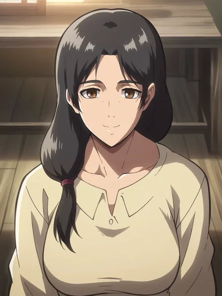 <lora:Carla_Yeager-Shingeki_no_Kyojin:1>,Carla,1girl,solo,black hair,brown eyes,long hair,mature female,shirt,upper body,smile,looking at viewer,indoors
