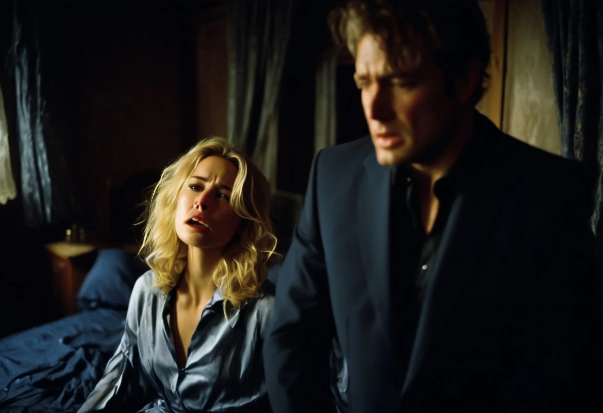 A beautiful blond woman wearing only a torn body suit is on a bed. The bed has dark blue sheets. She is crying and looks helplesse. Her clothes are slightly torn. He her is messy. The roo is dark, the lighting is soft, trough a small hole in the curtains. There are shadows. A man in a suit is watching in the background.