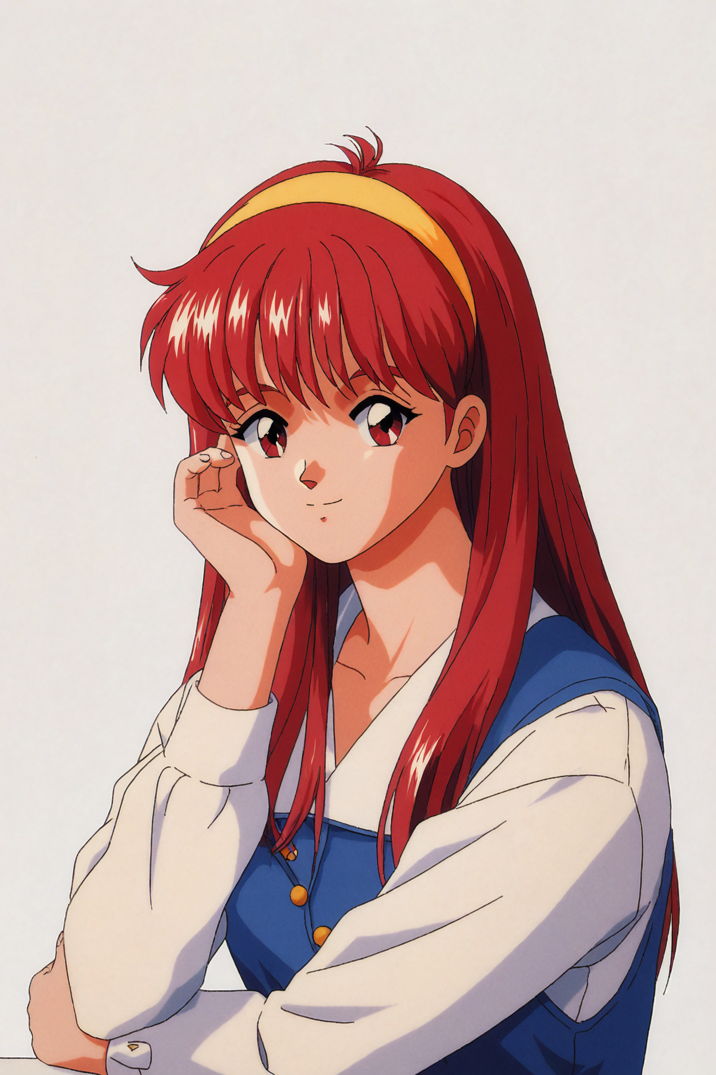 score_9,score_8_up,score_7_up,masterpiece,best quality,
Fujisaki Shiori,1girl,solo,long hair,yellow hairband,red eyes,retro artstyle,red hair,1990s (style),white background,simple background,long sleeves,upper body,head rest,light smile,hand on own face,looking at viewer,
<lora:Tokimeki Memorial_XL_PONY:0.8>,