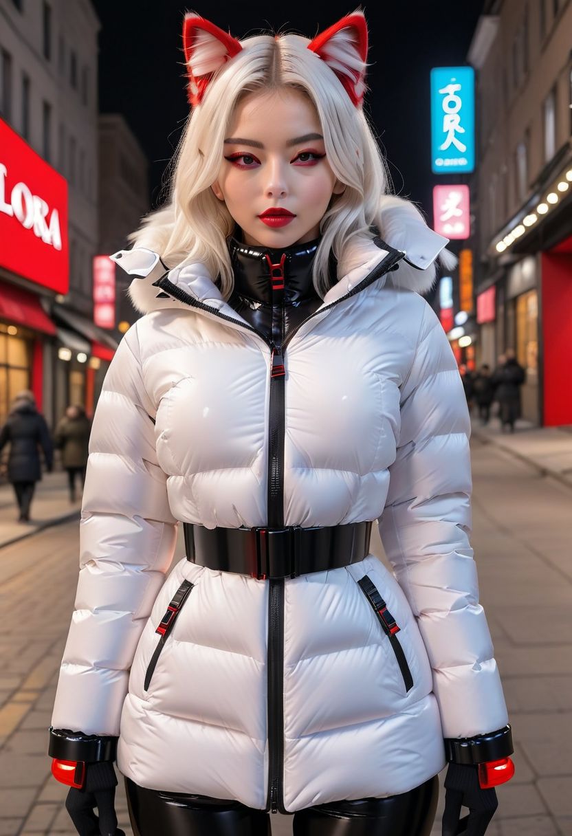 ((((padded down coat)))), ((((padded puffer coat)))), ((((padded winter clothes)))), ((((very cold)))), ((((puffer hood up)))), ((((full body)))), beautiful, masterpiece, 1girl, mature female, (((white long hair))), (((red eyes))), cat ears, large breasts, gloves, chest harness, (((half face mask))), army, Red digital camouflage, steam, cyberpunk, city, neon lights, pressure squeezing cuffs, pressure squeezing collar, (Thick padded cuffs:1.4), (Thick padded collar:1.4), <lora:Collar-SDXL:0.75>, <lora:Cuffs-SDXL:0.75>, <lora:fashion_lora:0.6>