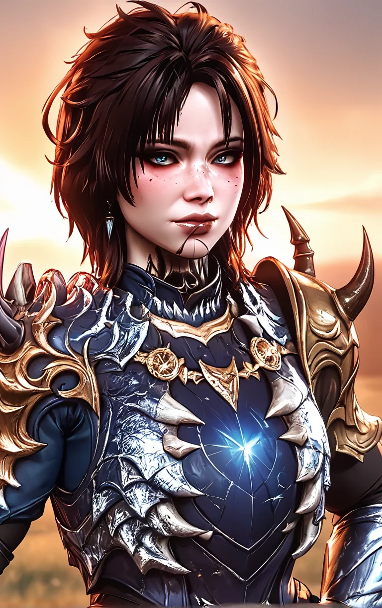 score_9, score_8_up, score_7_up, masterpiece, best quality, absurdres, solo, BREAK
GoldArmor_Evelyn_ownwaifu,
1girl, black hair, eyelashes, eyeliner, eyeshadow under eye, facial mark, grey eyes, lips, makeup, messy hair, neck tattoo, nose, pale skin, red eyeshadow, short hair, tattoo, brown hair, earrings, jewelry, bangs, freckles,
gold armor, ornate armor, single pauldron, shoulder armor, pauldrons, breastplate, spikes, armor, gauntlets, full armor, gem,
(contrapposto, hand on hip), sunset, sidelighting, outdoors, <lora:PONYXL_BaldurGate3_Evelyn_ownwaifu:1> , depth of field
