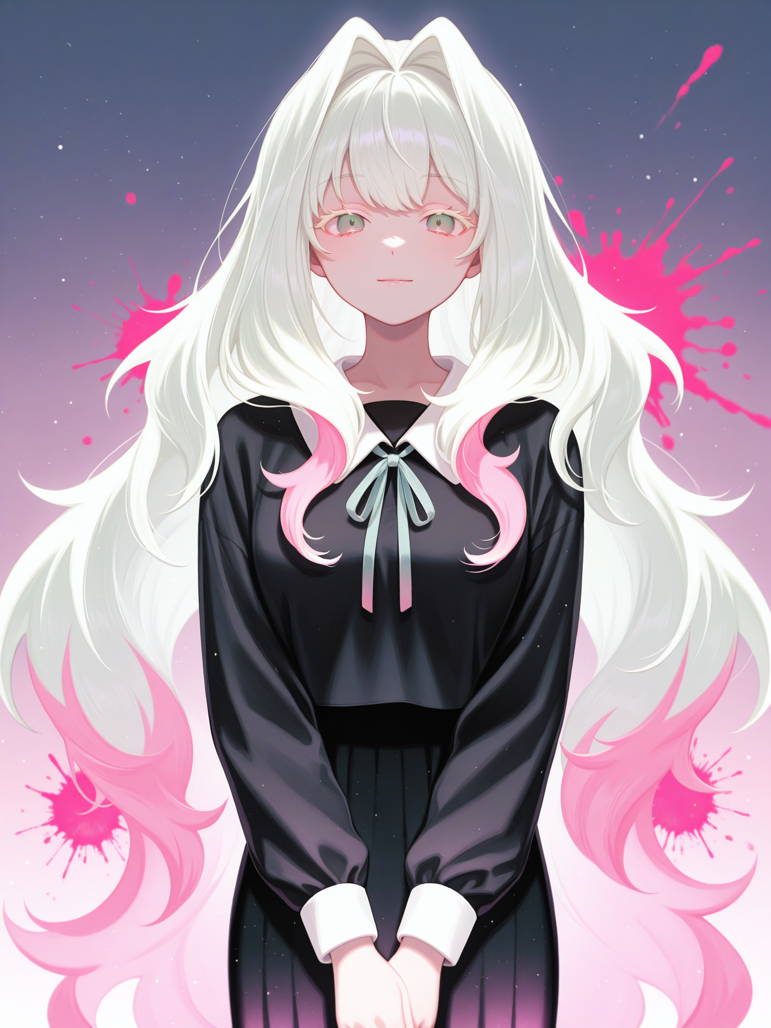 yoshino ns, <lora:CRGhostXL:1> CR_WGC, 1girl, two-tone hair, gradient eyes, very long hair, black shirt, collared shirt, long gradient skirt, neck ribbon, colored eyelashes, simple background, depth of field, cowboy shot, light particles, <lora:cfg_scale_boost:0.5> looking at viewer, glowing, <lora:r-hrtdrp:0.3>, detailing, pink splatter, hair intakes, light smile, gradient background, lazypos