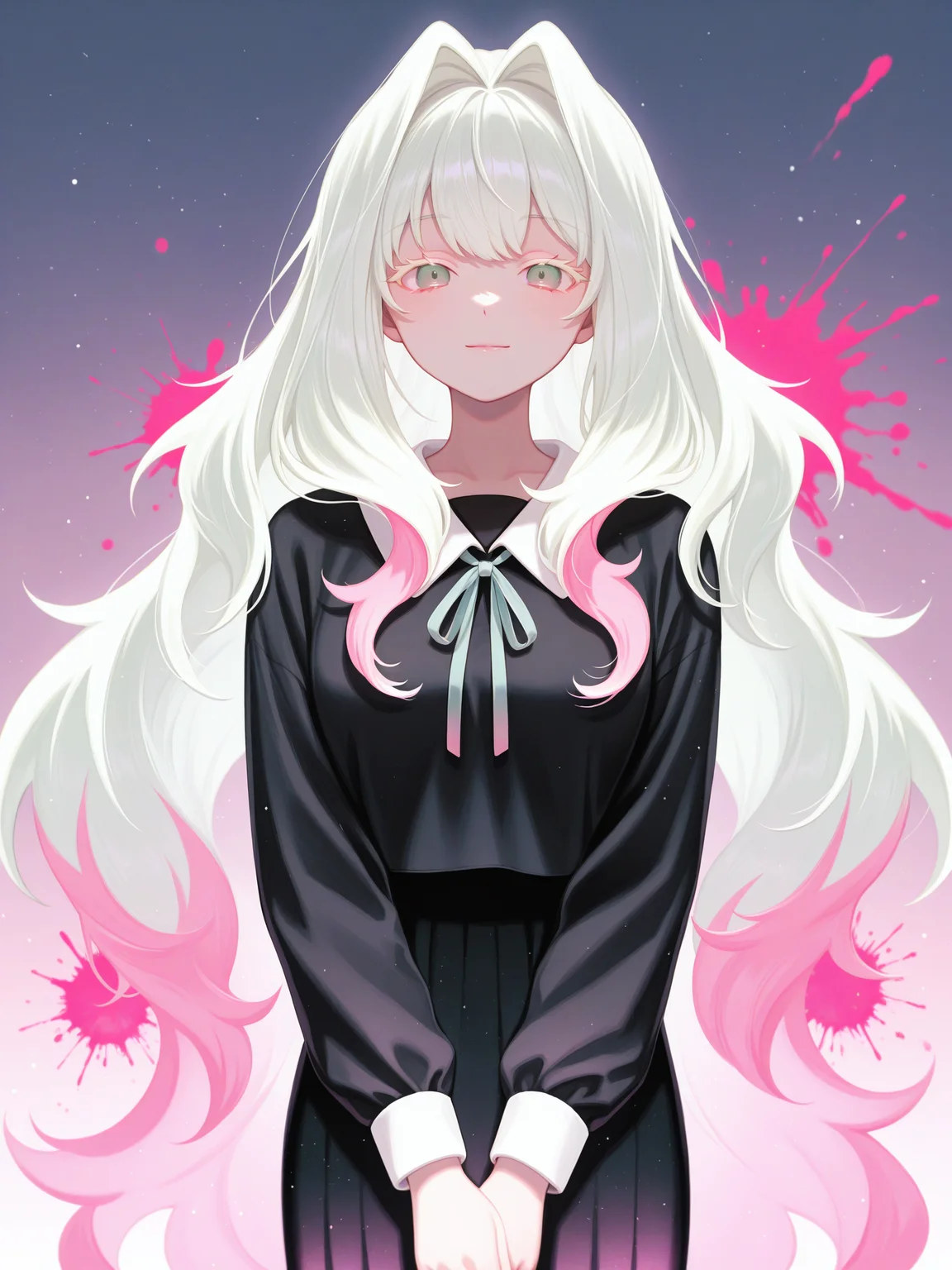 yoshino ns, <lora:CRGhostXL:1> CR_WGC, 1girl, two-tone hair, gradient eyes, very long hair, black shirt, collared shirt, long gradient skirt, neck ribbon, colored eyelashes, simple background, depth of field, cowboy shot, light particles, <lora:cfg_scale_boost:0.5> looking at viewer, glowing, <lora:r-hrtdrp:0.3>, detailing, pink splatter, hair intakes, light smile, gradient background, lazypos