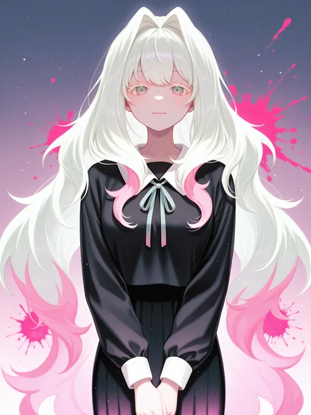yoshino ns, <lora:CRGhostXL:1> CR_WGC, 1girl, two-tone hair, gradient eyes, very long hair, black shirt, collared shirt, long gradient skirt, neck ribbon, colored eyelashes, simple background, depth of field, cowboy shot, light particles, <lora:cfg_scale_boost:0.5> looking at viewer, glowing, <lora:r-hrtdrp:0.3>, detailing, pink splatter, hair intakes, light smile, gradient background, lazypos