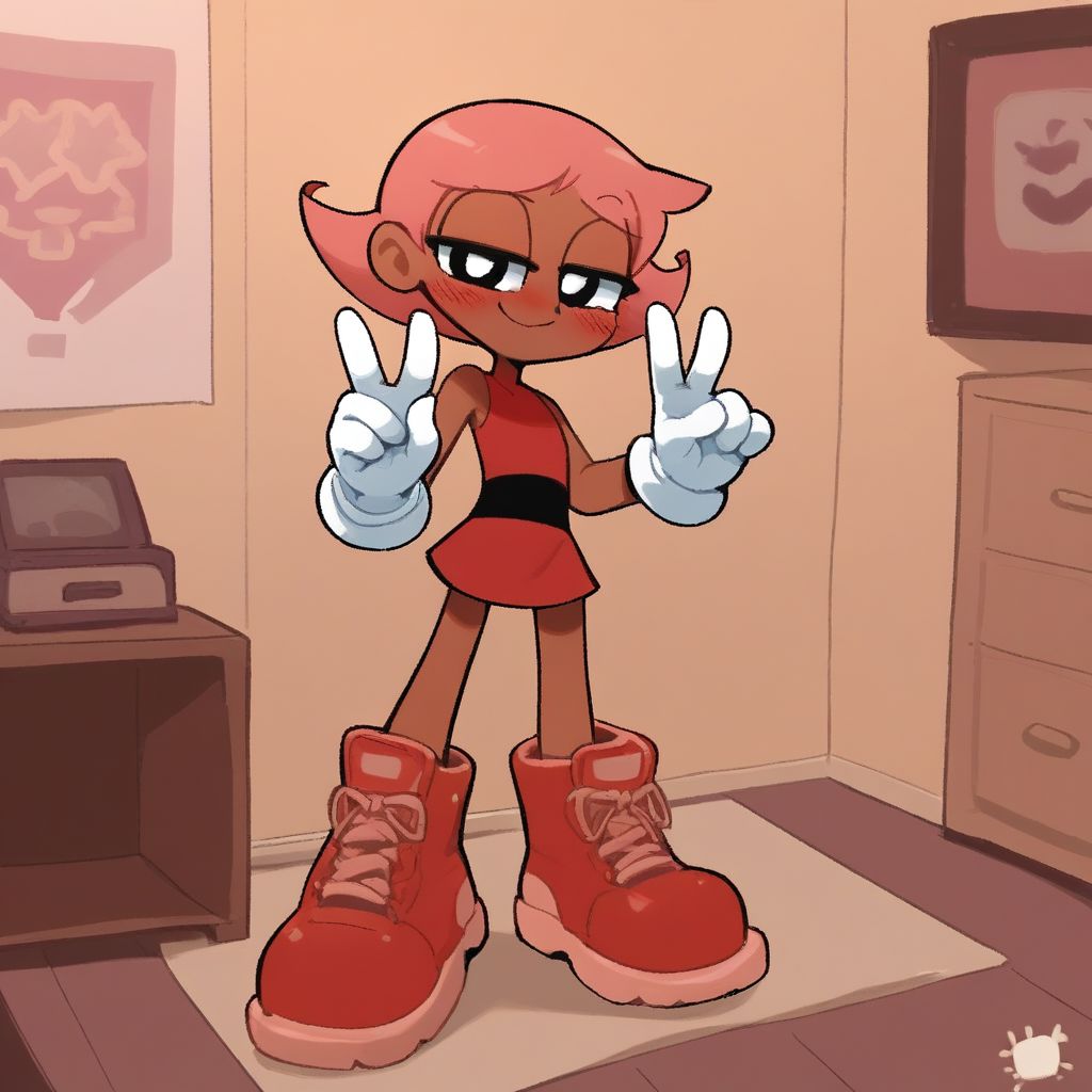 score_9, score_8_up, score_7_up, score_6_up, score_5_up, score_4_up, BREAK, source_anime, connie_maheswaran, indoors, pink hair, small breasts, red boots, white gloves, smile, smug, blush, red top, sleeveless, red miniskirt, peace sign, pantsless, powerpuff, dark-skinned female,