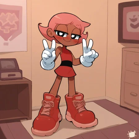 score_9, score_8_up, score_7_up, score_6_up, score_5_up, score_4_up, BREAK, source_anime, connie_maheswaran, indoors, pink hair, small breasts, red boots, white gloves, smile, smug, blush, red top, sleeveless, red miniskirt, peace sign, pantsless, powerpuff, dark-skinned female,