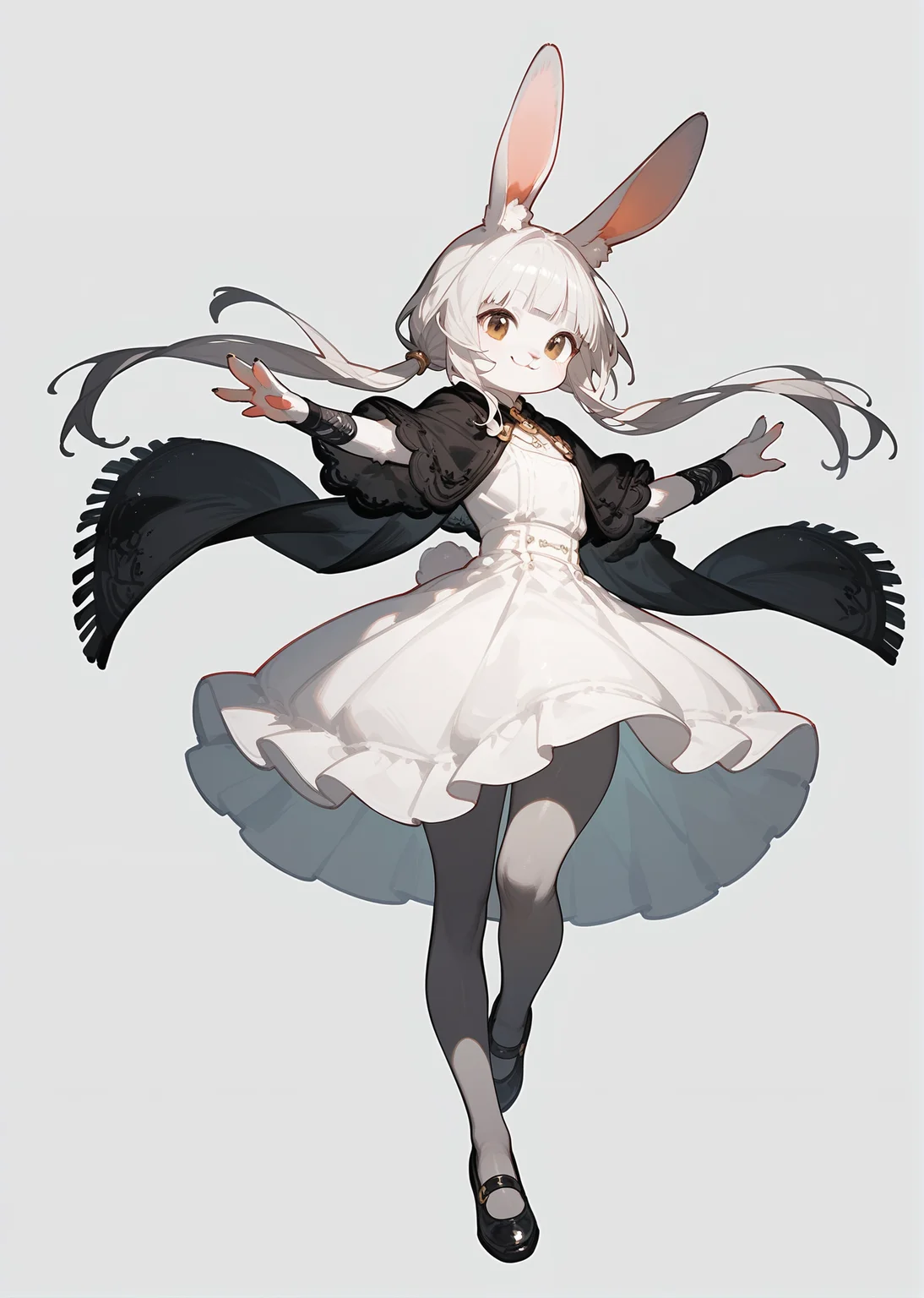 (score_9, score_8_up, score_7_up),
(furry female), (rabbit girl), blunt bangs, low twintails, puffy twintails, (long dress), white skirt, black shawl, grey pantyhose, black shoes,
dynamic pose, cowboy shot, light smile,
(simple background:1.5),
(uncensored),