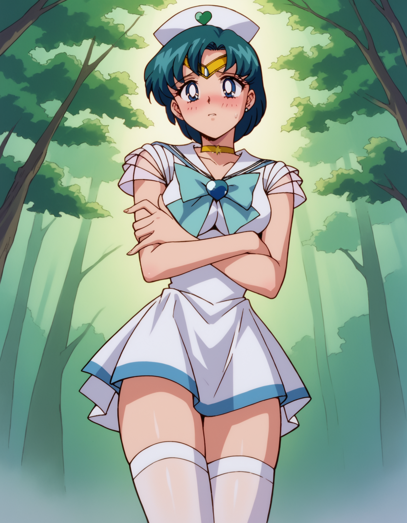 zPDXL, score_9, score_8_up, score_7_up, source_anime,
1girl, solo,  <lora:SailorMoon:1> slrmn, shy, blush, dynamic_pose, nurse wearing Forest green scrubs with a crossover top, skirt, stockings, nurse cap, green clogs, penlight, sailor mercury, mizuno ami, blue eyes, blue hair