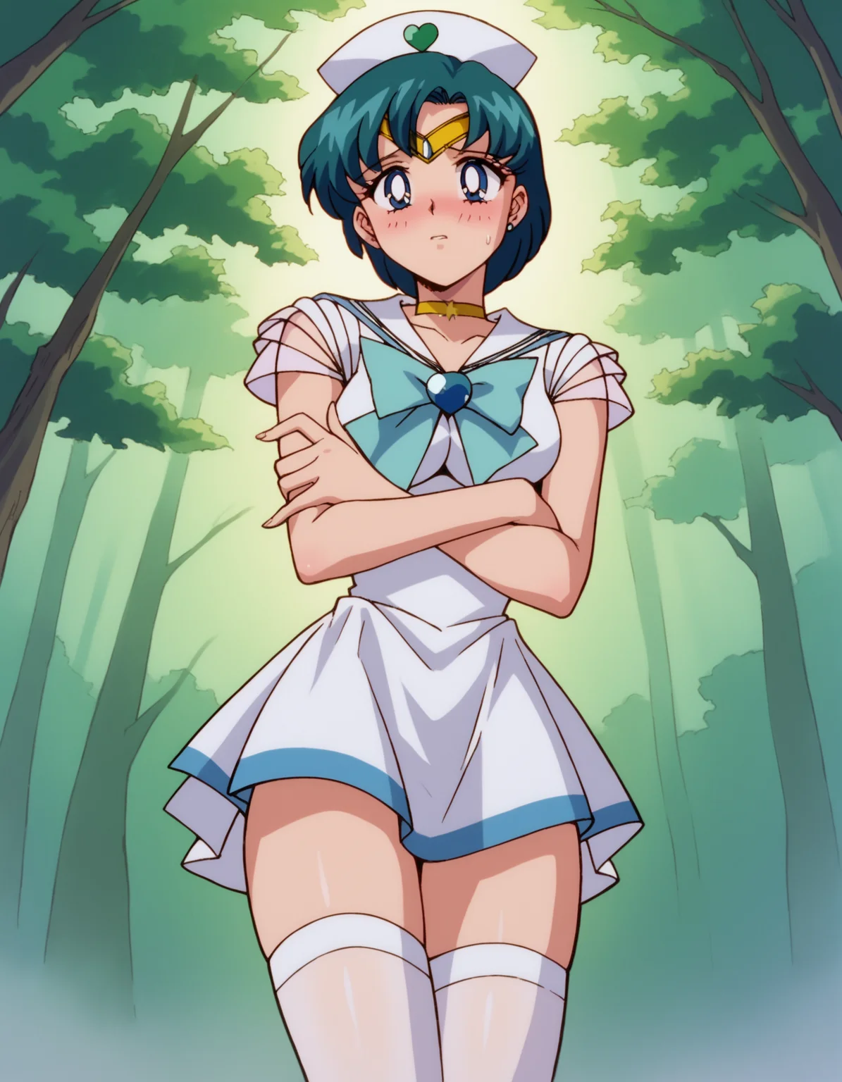 zPDXL, score_9, score_8_up, score_7_up, source_anime,
1girl, solo,  <lora:SailorMoon:1> slrmn, shy, blush, dynamic_pose, nurse wearing Forest green scrubs with a crossover top, skirt, stockings, nurse cap, green clogs, penlight, sailor mercury, mizuno ami, blue eyes, blue hair