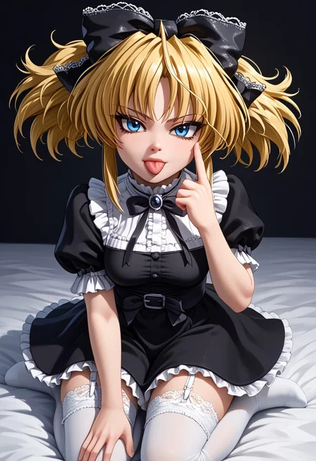 Masterpiece, best quality, high quality, highres, 4k, detailed face, anime style, Expressiveh, bmbplora, mittelt, blonde hair, blue eyes, narrowed eyes, messy hair, bangs, ahoge, short twintails, medium hair, sidelocks, fang, hair bow, gothic, short stack, medium breasts, shiny lips, black dress, gothic, white frills, garter straps, stockings, akanbe, eyelid pull, finger to eye, tongue out, :p, tongue, ;p,