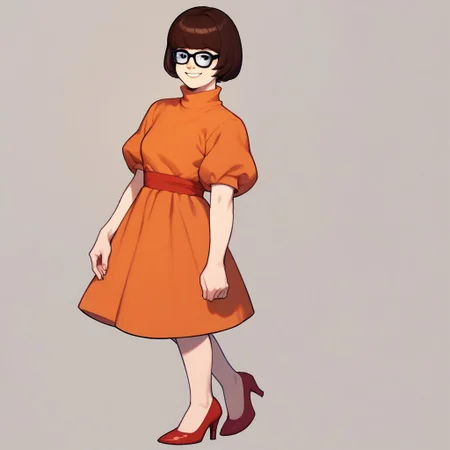 score_9, score_8_up, score_7_up BREAK VelmaCl, 1girl, brown bob cut, black eyes, glasses, orange dress, red high-heeled shoes, smiling at viewer,
