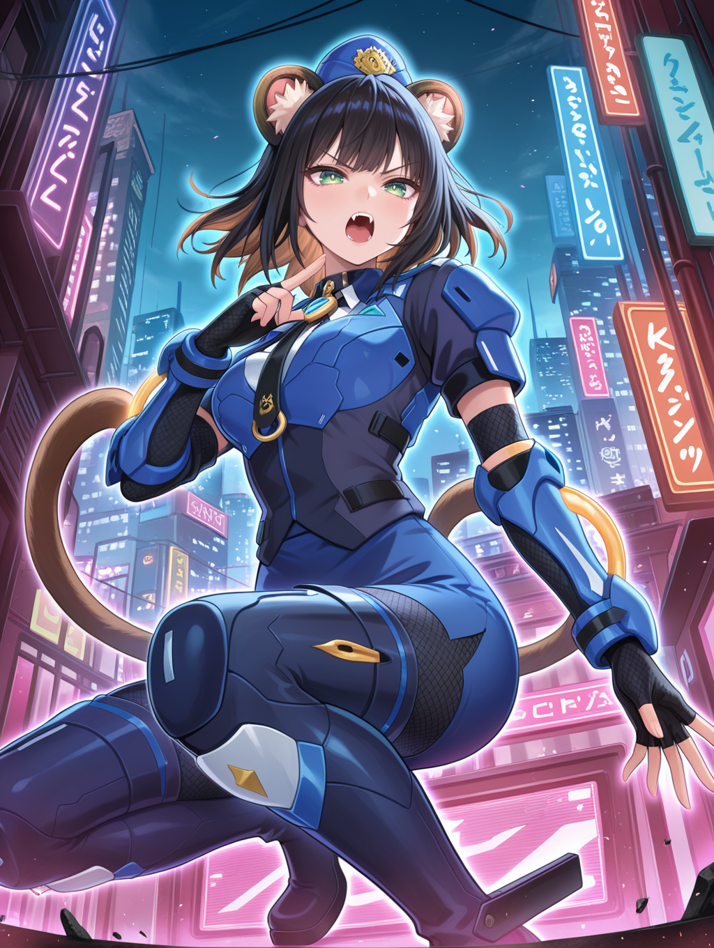 official alternate costume, k9 city, k9-17 ripper, 1girl, on one knee, from below, solo, cityscape, neon lights, finger to chest, night sky, henshin, glowing, open mouth, floating hair, tail, v-shaped eyebrows, open hand, fangs, medium breasts, hair behind ear, blue garrison cap, blue fingerless gloves, black vest, black necktie, blue jacket, blue pencil skirt, blue thigh boots, white shirt, fishnet pantyhose,
masterpiece,best quality,amazing quality,very aesthetic,absurdres,newest,<lora:K9-17 Ripper & Izuna illusXL v1.33:0.72>,