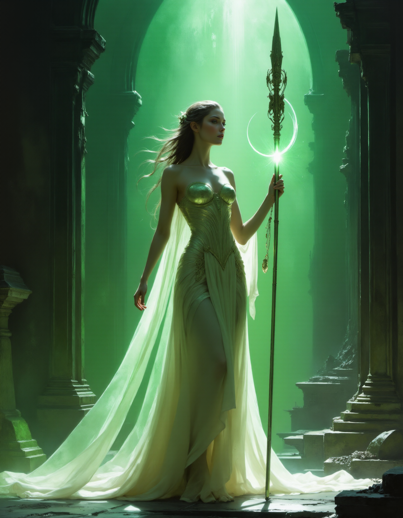 hyper realistic and highly detailed, highly dynamic cinematic shot, a D&D high Elven Priestess with an incredibly alluring face holding an elegant intricate glowing long-staff, wearing a highly sexy ethereal floating ivory dress, surrounded by a shimmering aura of power, her beautiful glowing eyes resembling her determination, standing inside a dimly lit gothic cathedral, highly dynamic medium full shot, atmospheric haze, motion blur, depth of field, hyper realistic highly detailed, intricate line work, Lime Green hue and Nickel Gray tint
<lora:artisketchyfs-v02:1>
