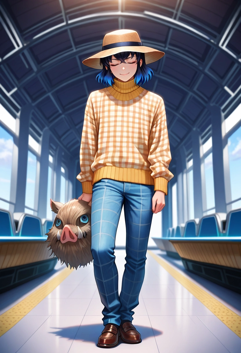 masterpiece, best quality, intricate details, semi-realistic, , 1boy, solo, male focus, <lora:inosuke_hashibira_ilxl:0.92>, inosuke_hashibira, , boar mask, rule of thirds, airport, light, arm at side, (closed eyes:1.2), smile, Gingham SteelBlue Damask Carpenter jeans, Turtleneck sweater, Boat shoes, Panama hat,