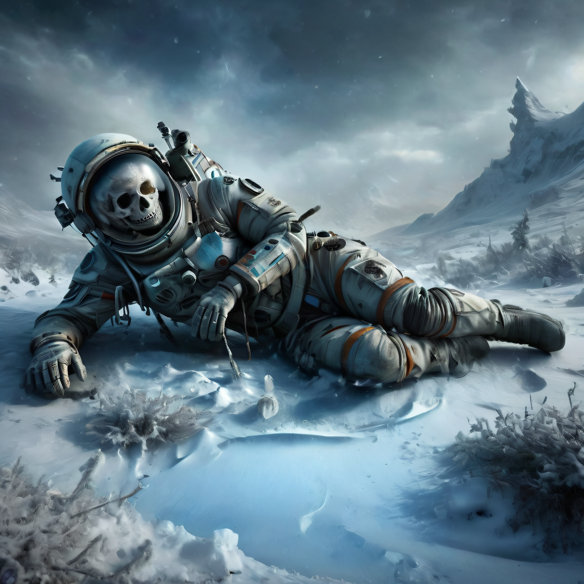 (intricate details, masterpiece, best quality: 1.4), a (dead) frozen astronaut laying on the ground, frozen in ice, covered in snow,  frozen and barren wasteland in the background, (blizzard:1.3), blowing snow, storm clouds, sharp blue and green stalagmites,  <lora:Ice:0.5> <lora:detailed_notrigger:1> <lora:Old_Style_SDXL:0.4> <lora:DonMn1ghtm4reXL:1>
